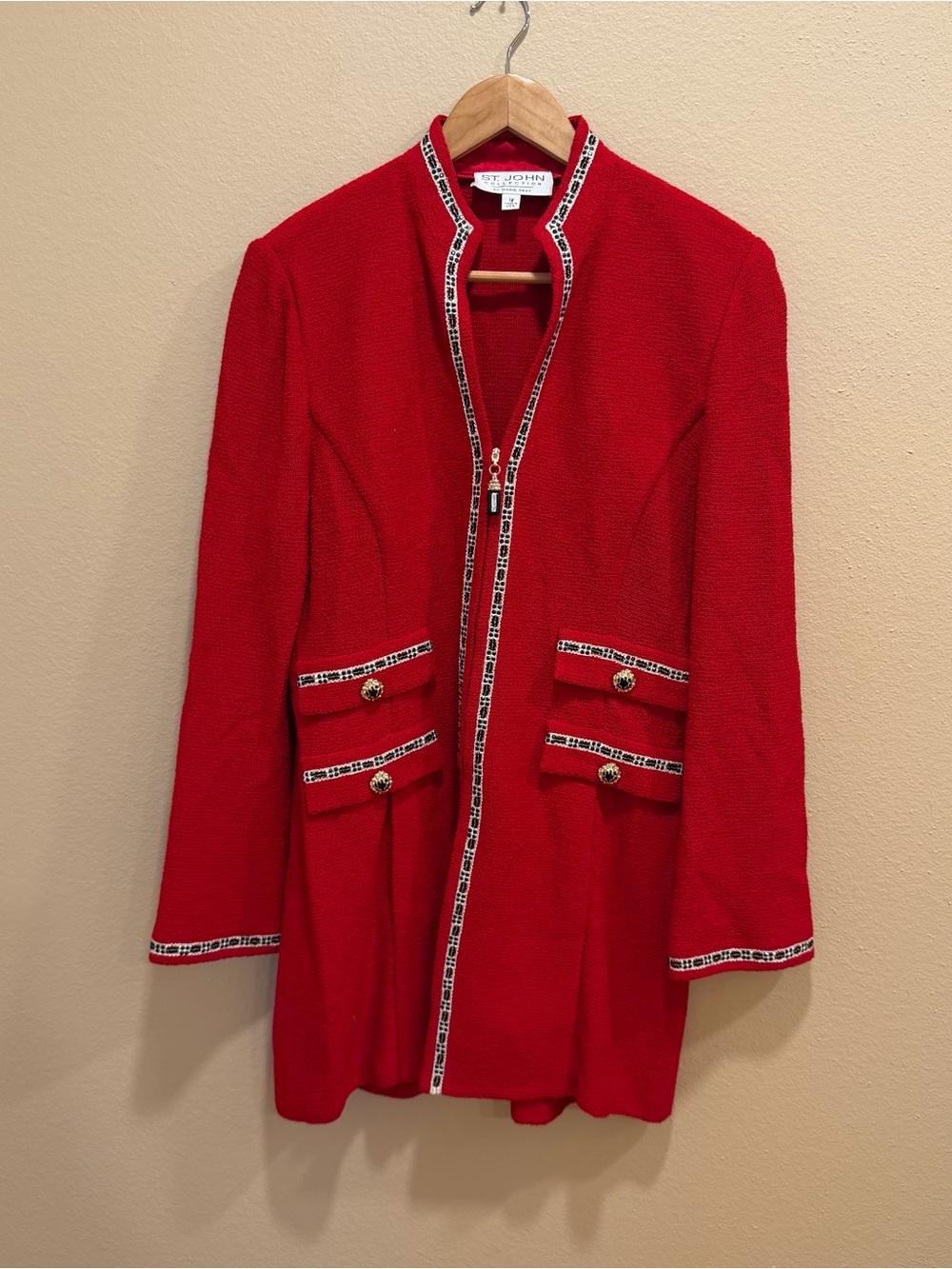 St. John Vintage Red Knit Long Blazer with Contrast Trim 12 - Picture 16 of 16